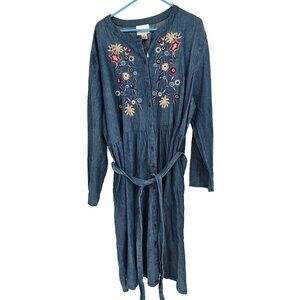 Denim Moves Size 3X Dress Denim Midi Floral Embroidered Belted Pockets NWOT